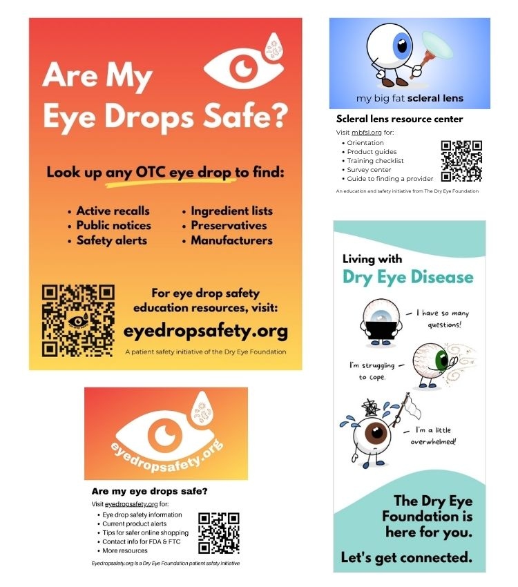 Product Description: Dry Eye packet includes:</br></br>DEF brochures (15)</br>Eye Drop Safety poster</br>Eye Drop Safety business cards (25)</br></br>Dry Eye and Scleral packet includes:</br></br>DEF brochures</br>Eye Drop Safety poster</br>Eye Drop Safety business cards (25)</br>Scleral Lens Compliance Tear-Off Pad sample (25 sheets)</br>My Big Fat Scleral Lens business cards (25)</br> Literature samples for your doctor